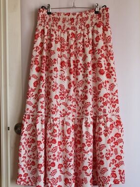Red Floral Maxi Skirt with Smocked Waist
